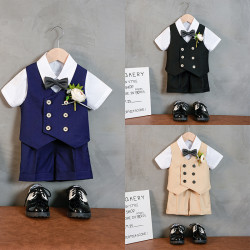 兒童套裝新款春夏短袖馬甲套男童花禮服中小童寶寶周嵗生日宴會服