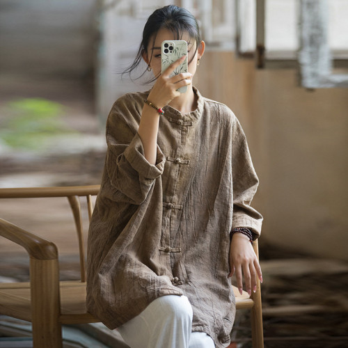 25春夏自製苧麻紥染清冷感盤釦開衫寬松禪意茶服唐裝女式上衣外套