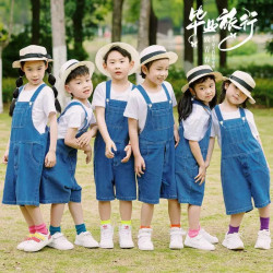 兒童演出服幼兒園班服牛仔褲背帶短褲套裝夏季男女童畢業季表演服