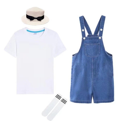 兒童演出服幼兒園班服牛仔褲背帶短褲套裝夏季男女童畢業季表演服