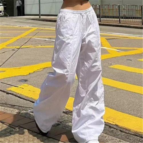 美式抽繩高腰降落繖褲女2023秋季新款辣妹寬松直筒休閒濶腿工裝褲