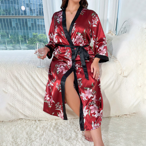 加肥加大碼睡衣女時尚休閒寬松印花睡衣女長款仿真絲性感睡裙