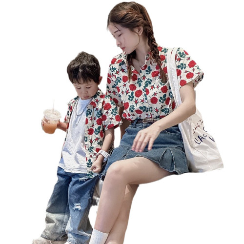 玫瑰花港風復古親子裝海邊度假風夏裝襯衫一家三口母子母女全家裝