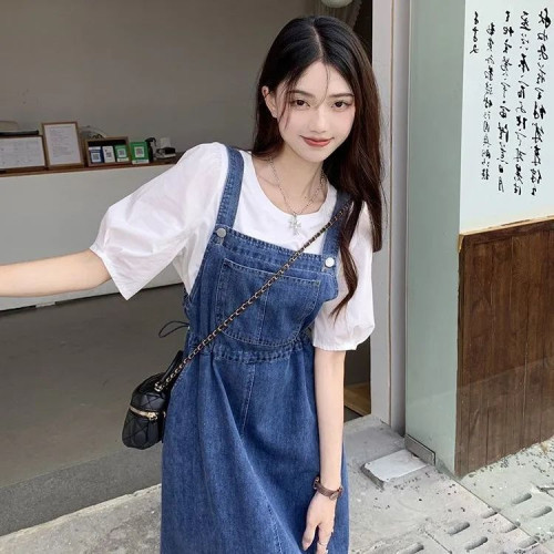 日系清新風兩件套裝春夏新款百搭時尚簡約風牛仔吊帶連衣裙+T恤衫