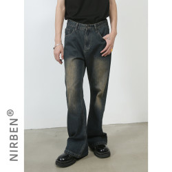 nirben牛仔|新品復古水洗牛仔潮牌百搭休閒顯高寬松直筒微喇長褲