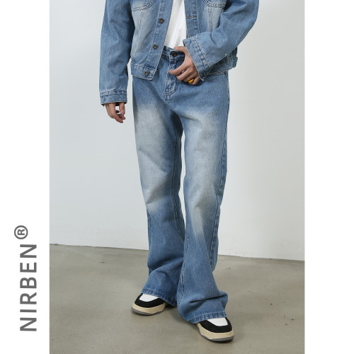 nirben牛仔|新品復古水洗牛仔潮牌百搭休閒顯高寬松直筒微喇長褲