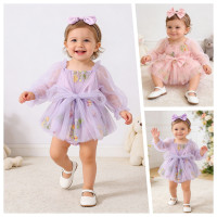 寶薪童裝韓版女嬰童秋季花朵刺綉網紗袖子裙擺兩色可開襠包屁哈衣