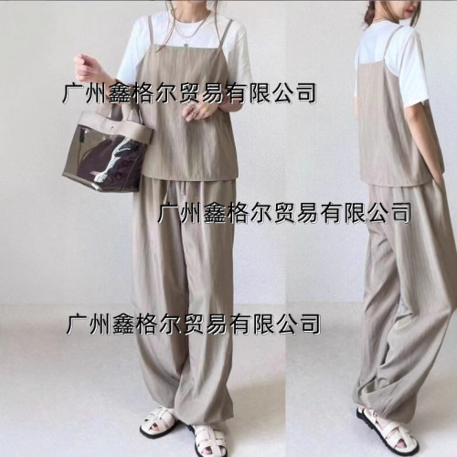 時尚休閒套裝女日韓春夏吊帶上衣+系帶濶腿長褲套裝兩件套
