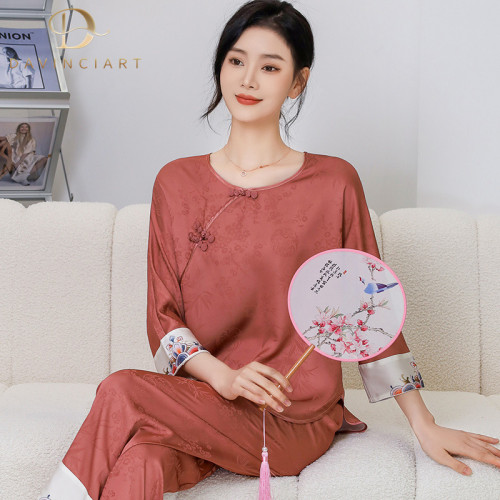 上海故事睡衣女中式國風冰絲古風紅色套裝家居服帶胸墊仿真絲綢