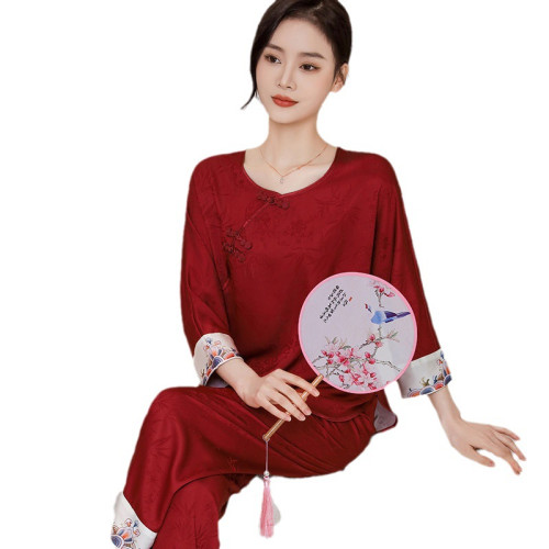 上海故事睡衣女中式國風冰絲古風紅色套裝家居服帶胸墊仿真絲綢