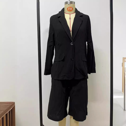2023春秋新款女裝棉麻開衫上衣短褲 小西裝兩件套