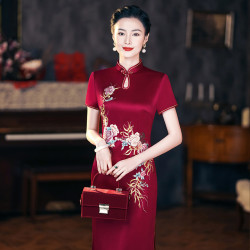 年輕喜婆婆婚宴禮服夏季醋酸緞刺綉結婚媽媽旗袍高貴6105