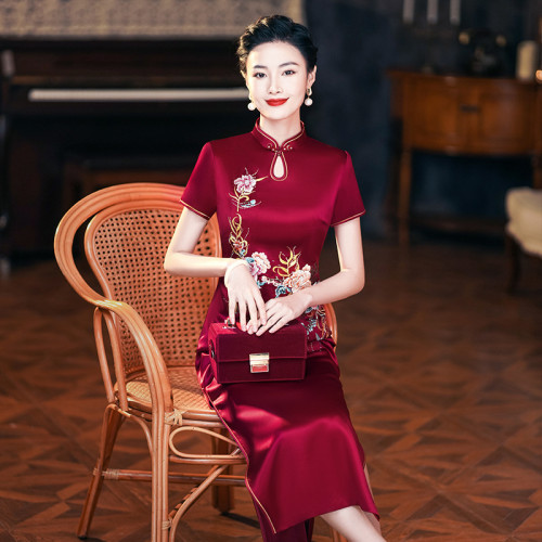 年輕喜婆婆婚宴禮服夏季醋酸緞刺綉結婚媽媽旗袍高貴6105