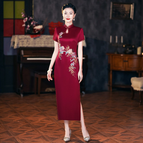 年輕喜婆婆婚宴禮服夏季醋酸緞刺綉結婚媽媽旗袍高貴6105