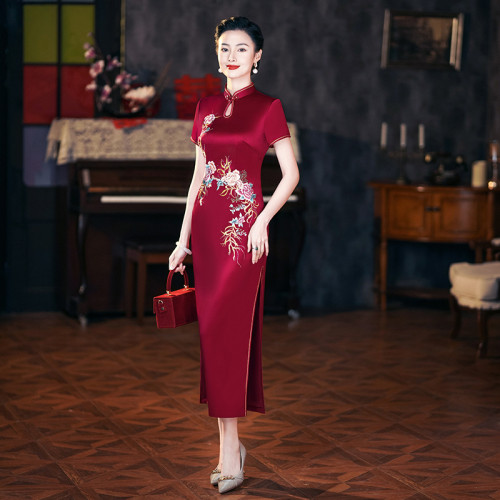 年輕喜婆婆婚宴禮服夏季醋酸緞刺綉結婚媽媽旗袍高貴6105