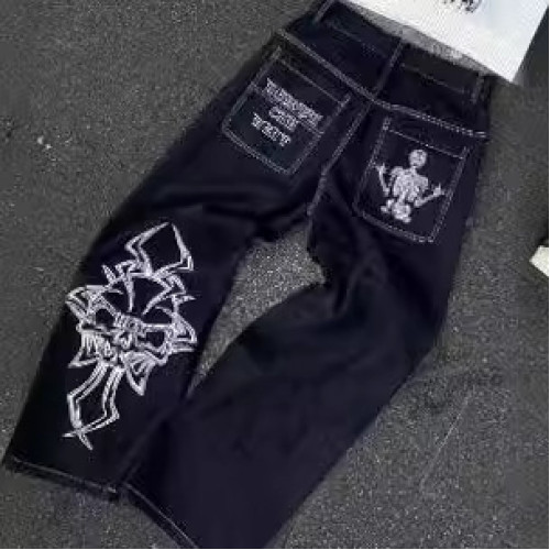潮牌全刺綉爆品全刺綉骷髏頭棉休閒褲男式直筒褲潮休閒工裝褲
