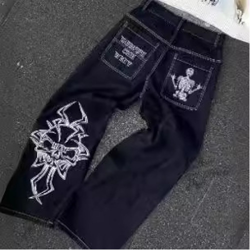潮牌全刺綉爆品全刺綉骷髏頭棉休閒褲男式直筒褲潮休閒工裝褲