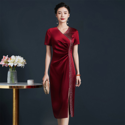 高級大氣婚宴裝秋裝結婚禮服中年媽媽酒紅連衣裙改良旗袍