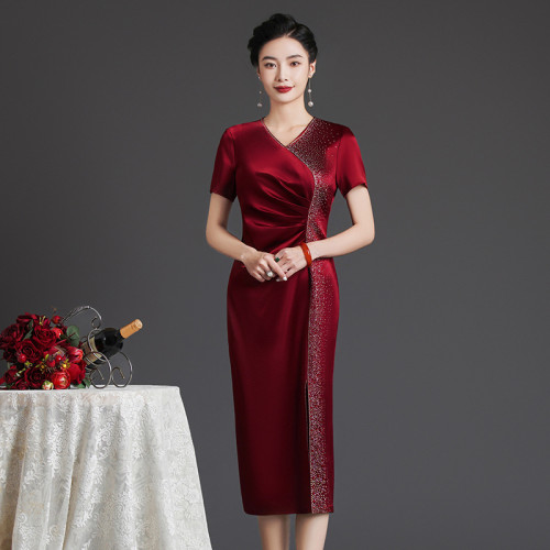 高級大氣婚宴裝秋裝結婚禮服中年媽媽酒紅連衣裙改良旗袍