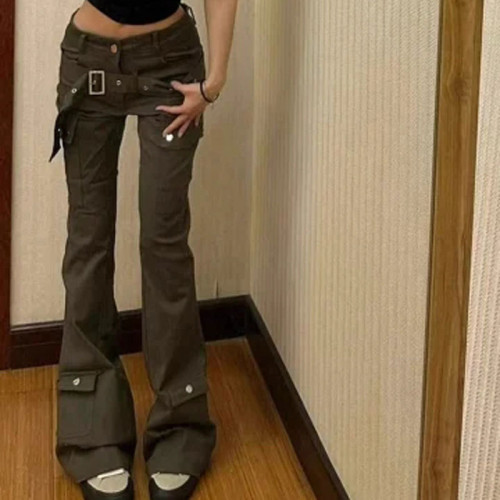 2023美式高街復古低腰微喇叭牛仔褲女夏季設計感小衆休閒工裝褲子