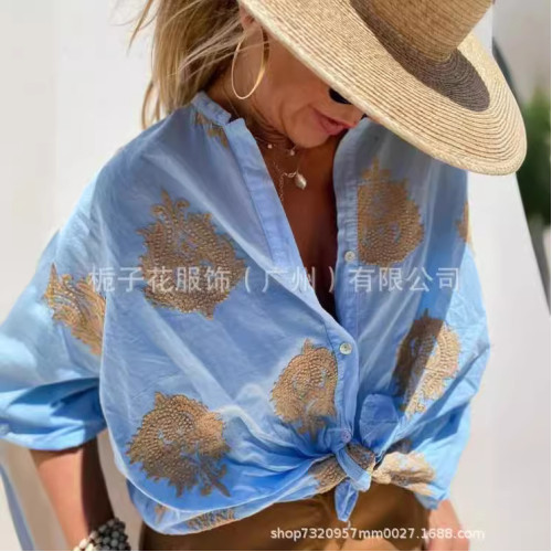 歐美印花女式襯衫秋季新款圖形印花獨立站長袖翻領紐釦女士襯衫女