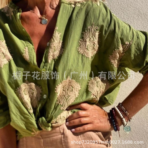 歐美印花女式襯衫秋季新款圖形印花獨立站長袖翻領紐釦女士襯衫女
