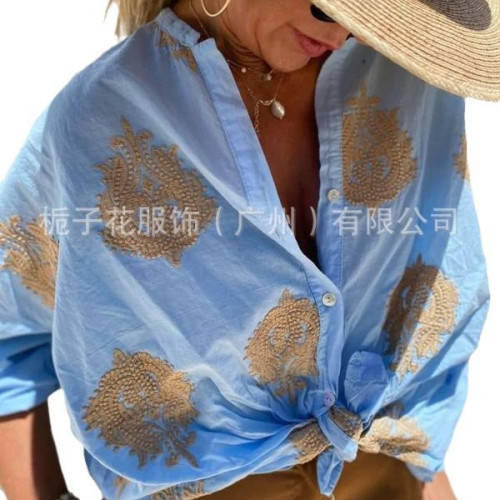 歐美印花女式襯衫秋季新款圖形印花獨立站長袖翻領紐釦女士襯衫女