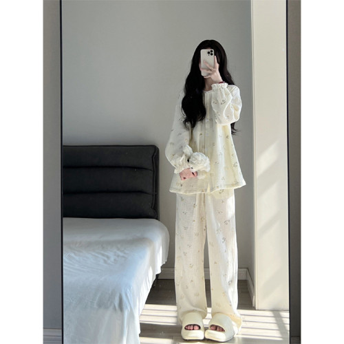 甜美可愛印花長袖睡衣女春秋季2025新款高級感寬松大碼家居服套裝