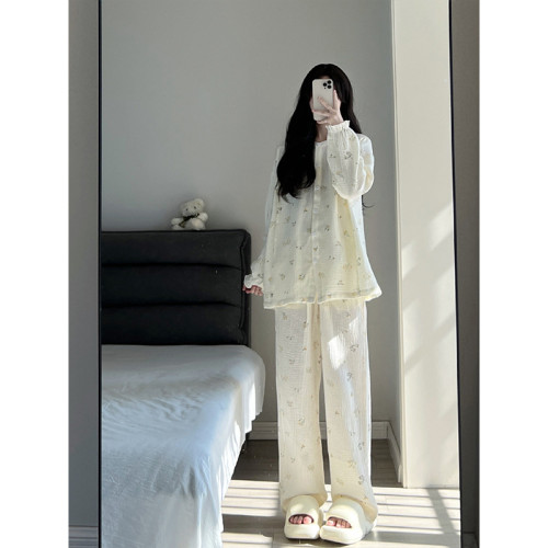 甜美可愛印花長袖睡衣女春秋季2025新款高級感寬松大碼家居服套裝