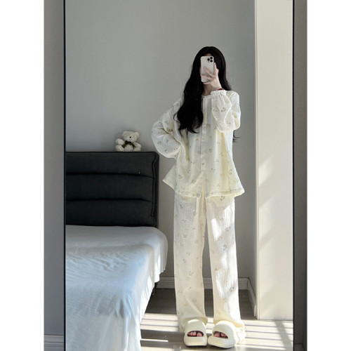 甜美可愛印花長袖睡衣女春秋季2025新款高級感寬松大碼家居服套裝
