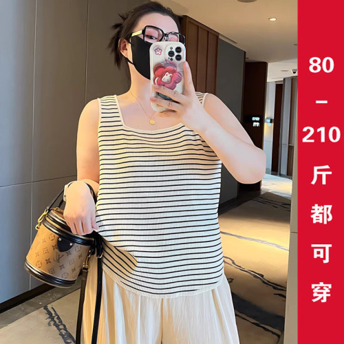 大碼女裝方領針織衫女上衣2025春季胖mm寬松條紋打底內搭吊帶背心