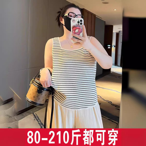 大碼女裝方領針織衫女上衣2025春季胖mm寬松條紋打底內搭吊帶背心
