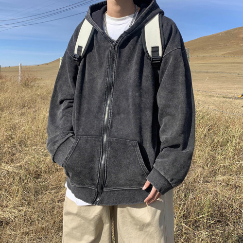 歐美高街連帽開衫衛衣男春秋潮牌ins復古水洗做舊情侶學生外套潮