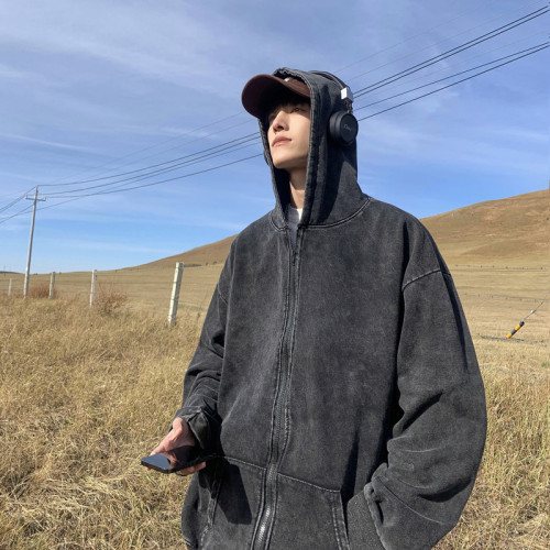 歐美高街連帽開衫衛衣男春秋潮牌ins復古水洗做舊情侶學生外套潮
