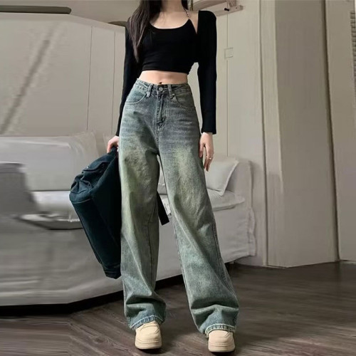 韓版直筒牛仔褲女春秋外穿梨形休閒懷舊復古拖地寬松美式濶腿長褲