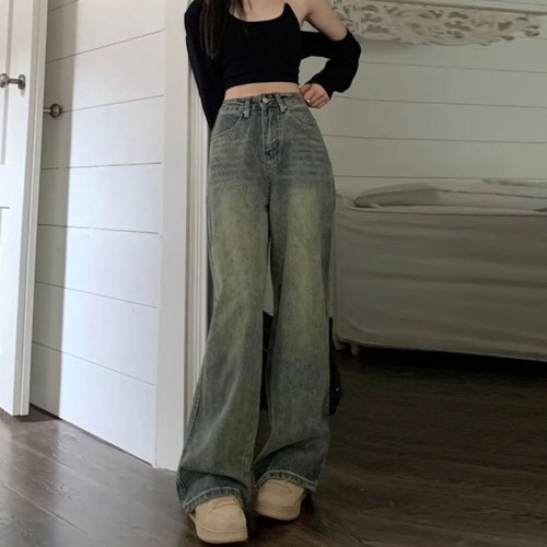 韓版直筒牛仔褲女春秋外穿梨形休閒懷舊復古拖地寬松美式濶腿長褲