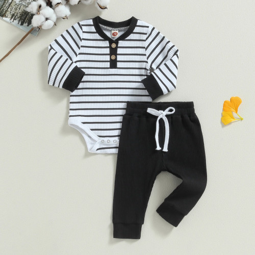 港風春夏男童哈衣坑條爬行服套裝B23662