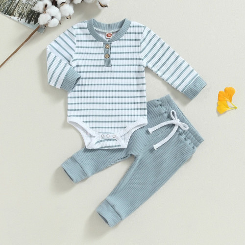 港風春夏男童哈衣坑條爬行服套裝B23662