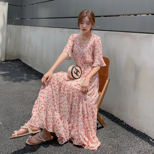 2024新款春夏流行長款長裙女氣質收腰顯瘦減齡裙子碎花雪紡連衣裙