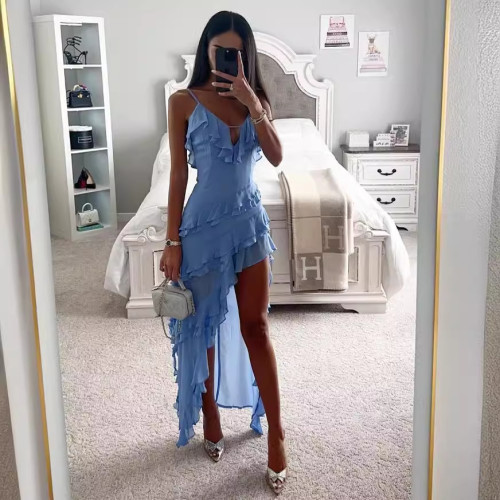 獨立站2023新款歐美性感吊帶不規則色連衣裙禮服