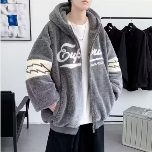 加絨衛衣男冬款內搭加厚連帽高中生上衣潮牌寬松青少年羊羔毛外套