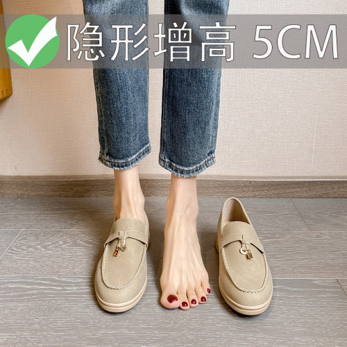 2025春新款英倫風復古流蘇鎖扣平底豆豆單鞋女一腳蹬內增高單鞋女