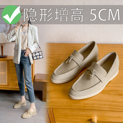 2025春新款英倫風復古流蘇鎖扣平底豆豆單鞋女一腳蹬內增高單鞋女