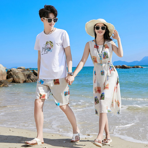 海邊度假親子裝一家三口沙灘裙母女裝高級洋氣雪紡連衣裙一家四口