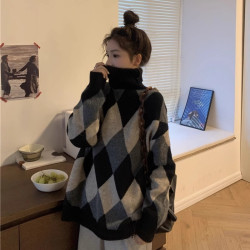 慵懶風高領撞色菱格毛衣女秋冬中長款寬松洋氣套頭長袖針織衫上衣