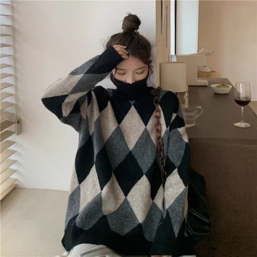 慵懶風高領撞色菱格毛衣女秋冬中長款寬松洋氣套頭長袖針織衫上衣
