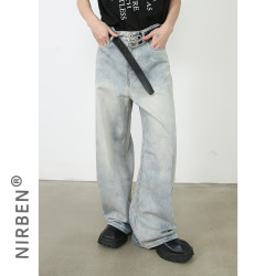nirben牛仔|美式復古水洗直筒牛仔褲男寬松休閒長褲濶腿褲國潮