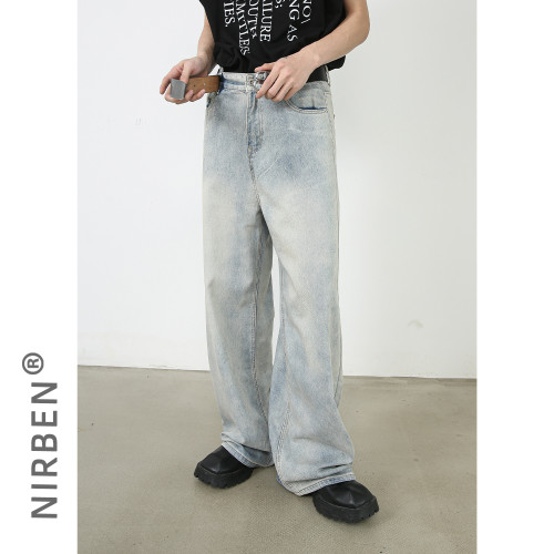 nirben牛仔|美式復古水洗直筒牛仔褲男寬松休閒長褲濶腿褲國潮
