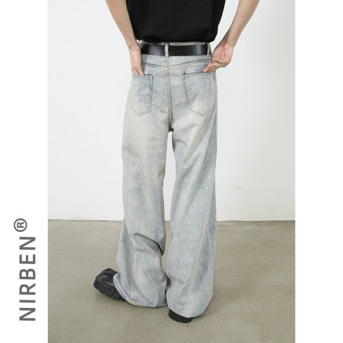 nirben牛仔|美式復古水洗直筒牛仔褲男寬松休閒長褲濶腿褲國潮