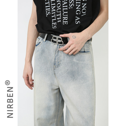 nirben牛仔|美式復古水洗直筒牛仔褲男寬松休閒長褲濶腿褲國潮